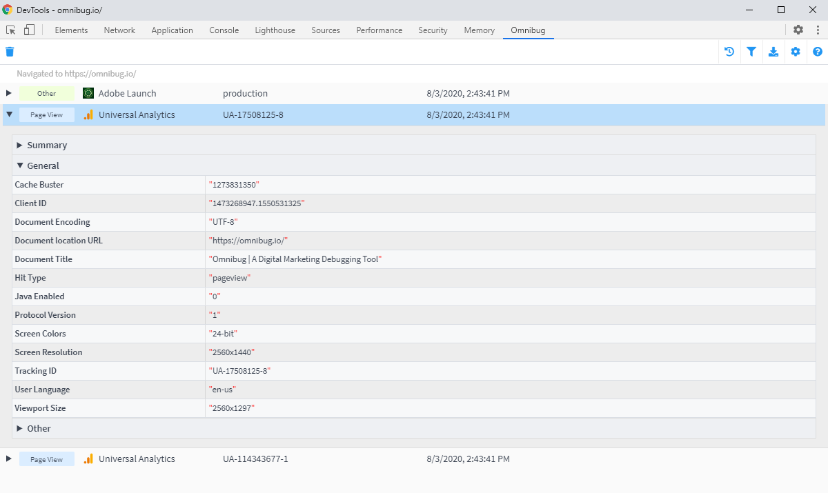Screenshot of Omnibug's interface showing multiple requests on omnibug.io